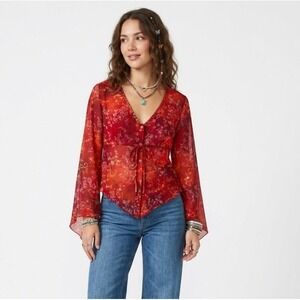 Zero Zero Sheer Floral Bell Sleeve Top Medium Red Boho Sequin V-Neck Blouse
